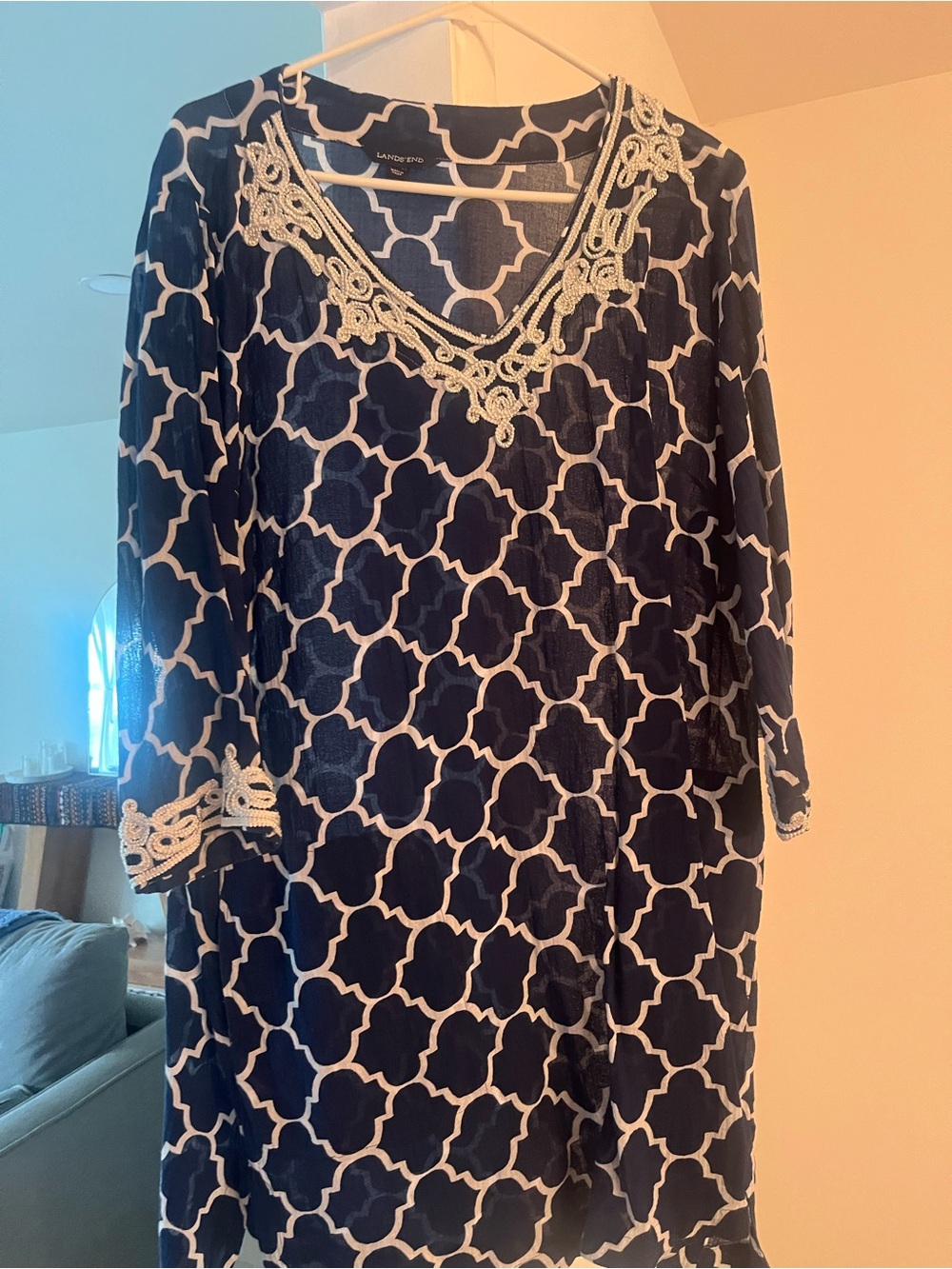 Lanzon Navy & White Geometric Tunic with Lace Trim